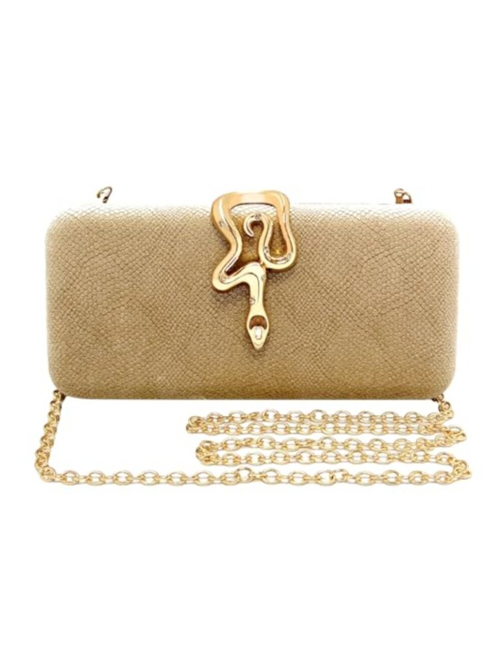 Suede Evening Clutch Purse with Metallic Snake Clasp & Detachable Chain